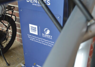 You Fund Surrey branding on a Solarcycle E-bike Charger, Denbies Wine Estate (en anglais)